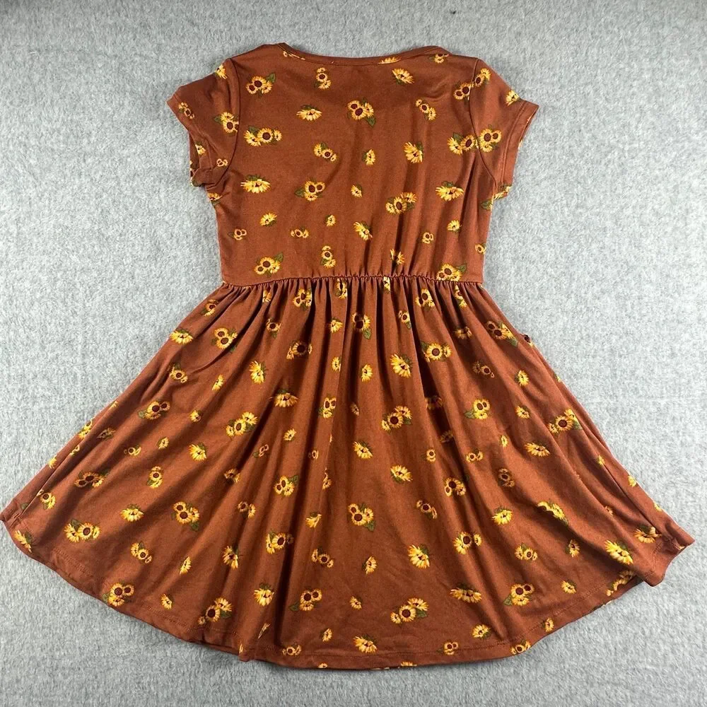 Girls Size 8 Rust Brown Sunflower Floral Dress Pockets Fall Fit & Flare